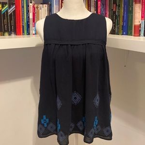 LOFT Navy Blue Baby Doll Blouse with Embroidery on the Bottom
